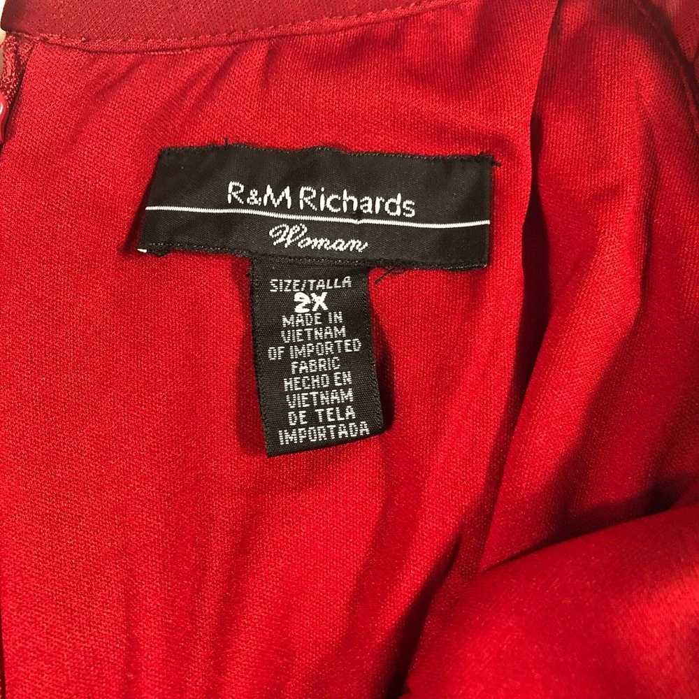 R&M Richards Women 2X Red Rhinestone Capelet‎ Chiffon Sheer Top Blouse Holiday - Picture 6 of 6
